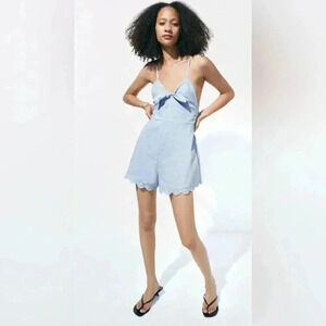 Zara Blue Eyelet Tie Front Romper Shorts Women's Size M